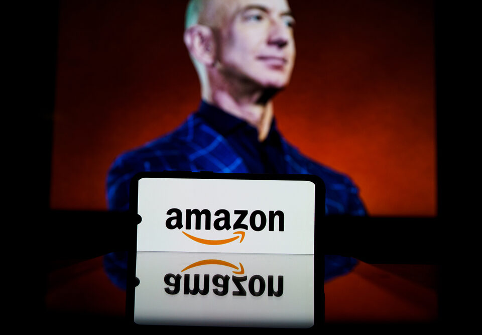 Amazon logo and Jeff Bezos